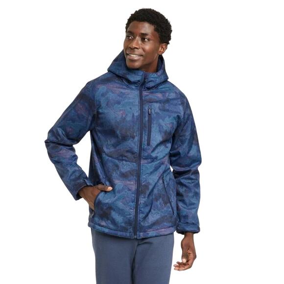 All in Motion NWT Men's S Blue Camo Print Softshell Sherpa Lined Hooded Jacket - Picture 1 of 6